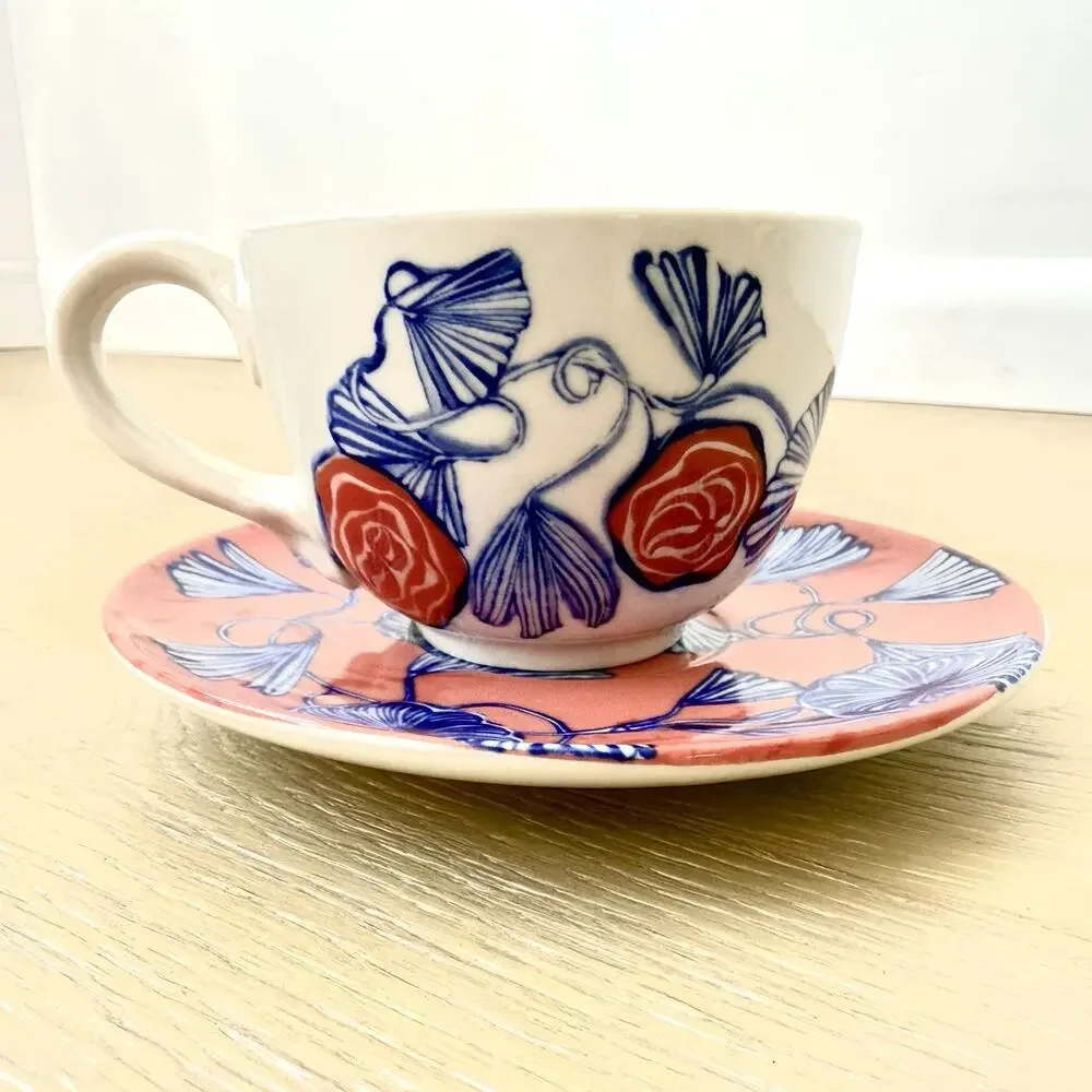 RARE Anthropologie Ruan Hoffmann Jardin Des Plantes LOVE MORE Cup Saucer Set - Picture 4 of 9